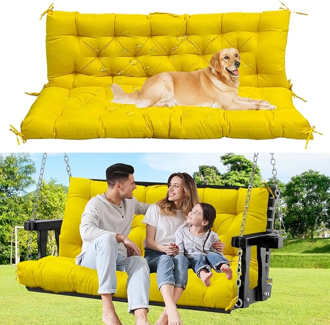 60" Porch Swing Cushion with Backrest, Waterproof Outdoor Bench Swing Cushions 3 Seater Replacement Thickened Swing Cushions with Ties for Patio Garden Backyard,Yellow,60x40in