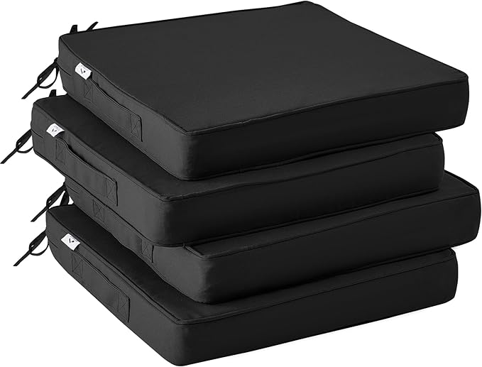 Outdoor Chair Cushions Set of 4,Waterproof Outdoor Seat Cushions for Patio Furniture,Patio Chair Cushion with Handle and Ties, Square Out Door Chair Pads,19" x 19" x 3", Black