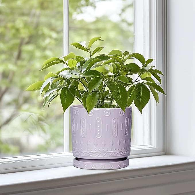 Ceramic Pots for Plants, 6 Inch Plant Pot for Indoor Outdoor Plants, Round Planter with Drainage Holes and Saucer, Boho Decorative Flower Pots, Apartment Decor, Plant Lover Gifts, Purple