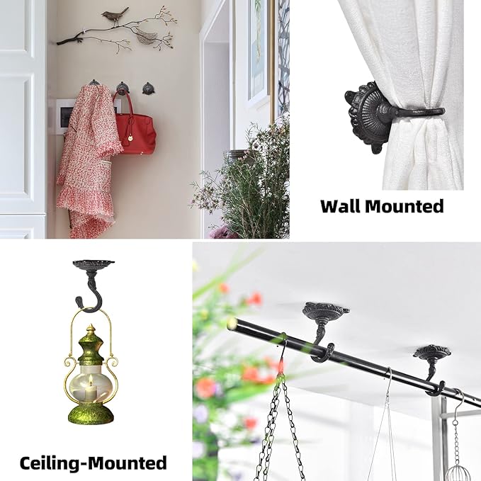 Sungmor Heavy Duty Ceiling Hooks for Hanging Plants, 3PC Black 3.5x3.9Inch Large Cast Iron Ceiling Hooks, Antique Decorative Ceiling Swag Hooks for Hanging Planter Chandelier Wind Chime Lantern Hanger