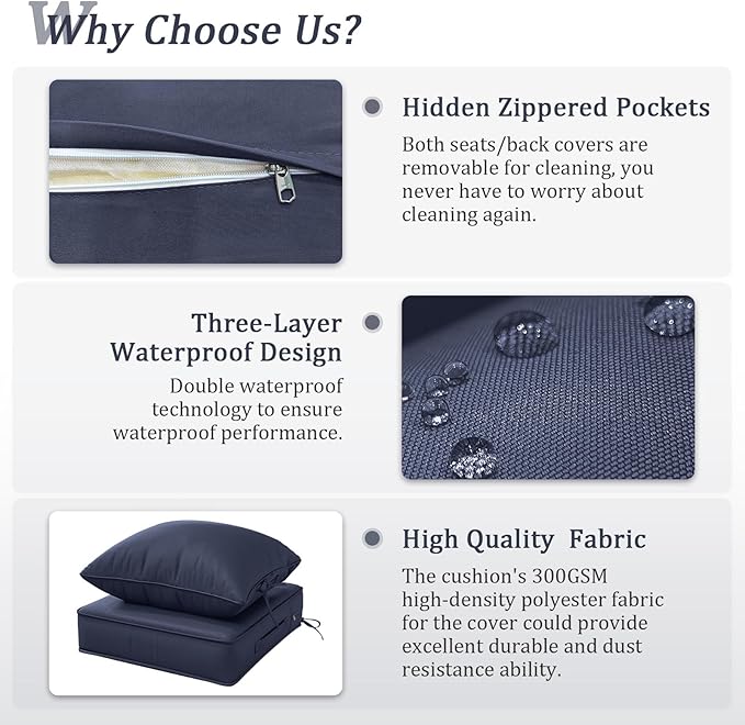 Outdoor Patio Chair Cushions Set 22 L X 24 W X 4 H Waterproof & Fade Resistant Deep Seat and Back Cushions with Removable Covers Outdoor Seat Cushion Set for Chairs and Sofas