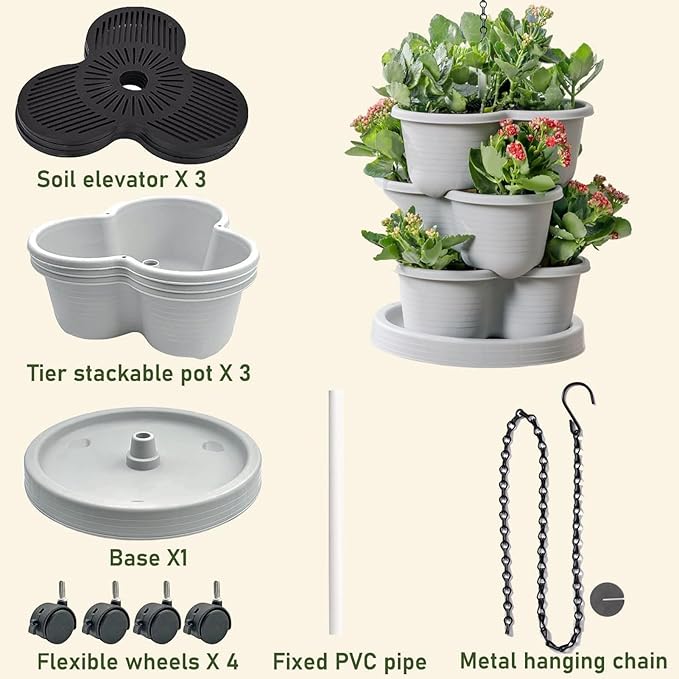 Stackable Planter - Vertical Garden Tower Stackable Planter | Vegetable Tower, Container with Removable Wheels & Tool Kit, Flower Pots Plant Growing System for Indoor Outdoor