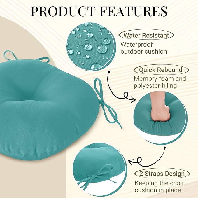 downluxe Bistro Chair Cushions for Patio Furniture, Water-Resistant Round Outdoor Chair Cushions Set of 2 with Non-Slip Ties, 15" x 15", Teal