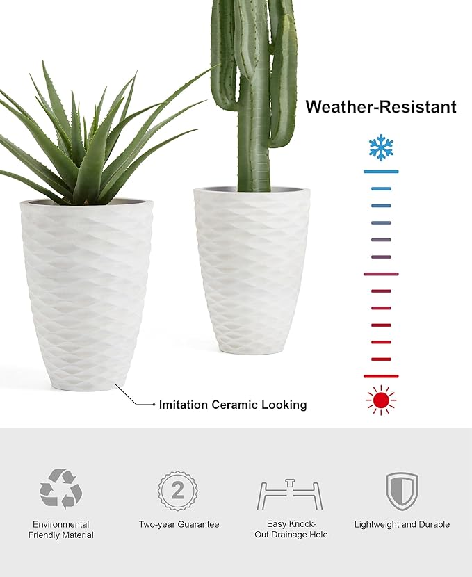 Glitzhome 19" H Large Planters for Outdoor Plants, Set of 2 Large Flower Pots with Drainage Holes, Round Faux Ceramic Wave Textured, White Tall Planters for Porch Garden Indoor Outdoor Use