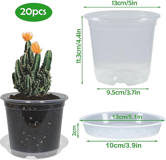 20 Pack 5 Inch Clear Nursery Pots with Drainage and 20 Pack Plant Saucers, Plant Pots for Plants Transparent Potting Containers for Plants Seeding Starter Pot (Clear, 5 Inch)