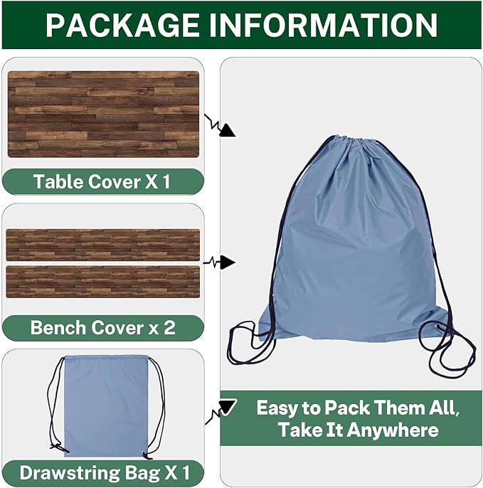 Picnic Table Cover with Bench Covers Elastic Edges, Brown Wood Fitted Table Cover, Outdoor Patio Camping Essentials 72 Inch 3PCS, Waterproof Camping Fitted Tablecloth with Drawstring Bag