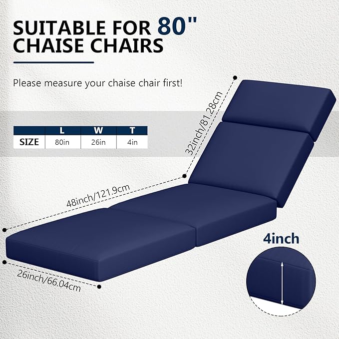 Chaise Lounge Cushions Outdoor, 80 x 26 x 4 Inch Lounge Chair Cushions for Outdoor Furniture - Waterproof Lounge Patio Replacement Cushion, 4In Fade-Resistant ThickPatio Chaise Lounge Cushion