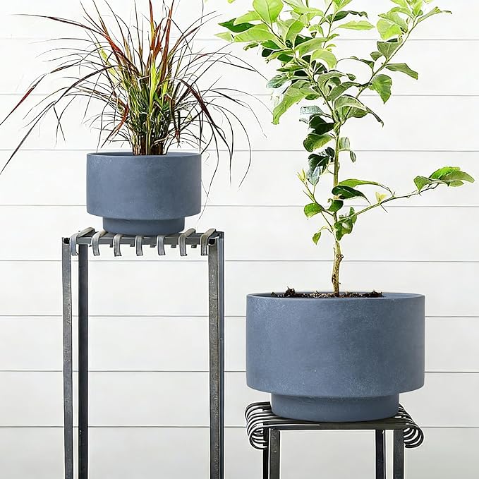 Succulent Pots, 8 Inch + 6 Inch Plant Pots for Plants with Drainage Hole, Indoor Outdoor Ceramic Planter, Set of 2 Round Flower Pots for Succulent and Plants, Blue