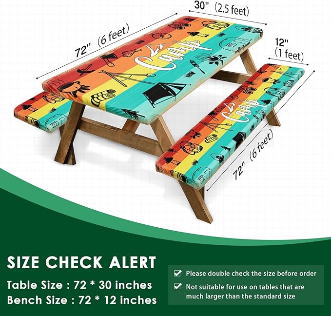 Picnic Table Cover with Bench Covers Elastic Edges, Blue Wood Camper Fitted Table Cover, Outdoor Patio Camping Essentials 72 Inch 3PCS, Waterproof Camping Fitted Tablecloth with Drawstring Bag