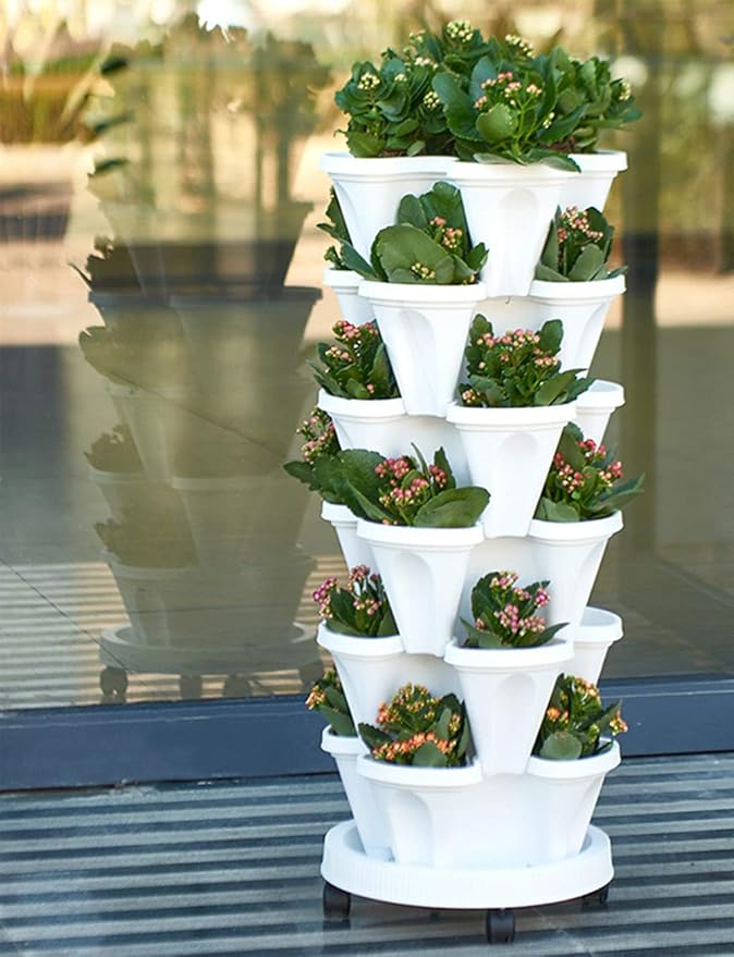 Vertical Planter 3 Tiered,Stackable Planters for Strawberry Herb Flower and Vegetable Stacking Garden Tower Gardening Pots with Removable Wheels and Bottom Indoor Outdoor