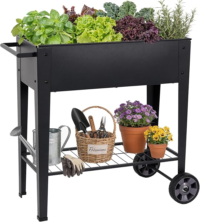 Tall Raised Garden Bed Outdoor with Wheels, Metal Elevated Raised Planter Box with Drainage Holes for Vegetables, Flower, Herbs(Black)