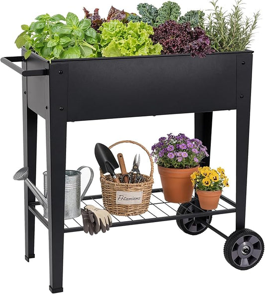 Tall Raised Garden Bed Outdoor with Wheels, Metal Elevated Raised Planter Box with Drainage Holes for Vegetables, Flower, Herbs(Black)