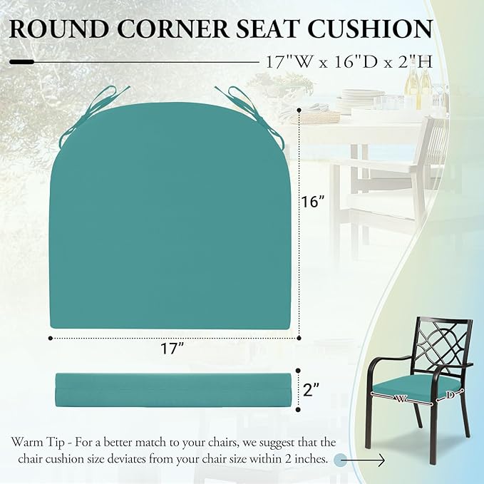 Wellsin Outdoor Chair Cushions for Patio Furniture - Patio Chair Cushions Set of 4 - Water Resistant Round Corner Outdoor Seat Cushions 17"X16"X2", Teal