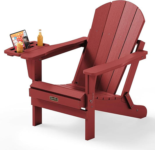 SERWALL Folding Adirondack Chair, Outdoor Adirondack Chairs with 4 in 1 Cup Holder, Wood Texture, Weather Resistant Plastic Patio Fire Pit Chairs for Garden, Backyard, Deck, Lawn - Green
