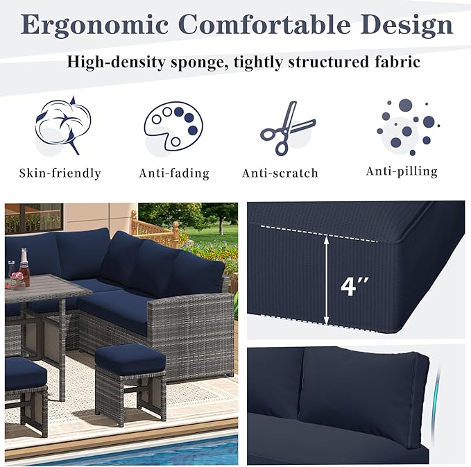 U-MAX Outdoor Cushions, 4 inch Memory Foam Patio Replacement for Outdoor Furniture, Fits 7-Seats Sectional Rattan Conversation Set, Splashproof Covers (Navy)