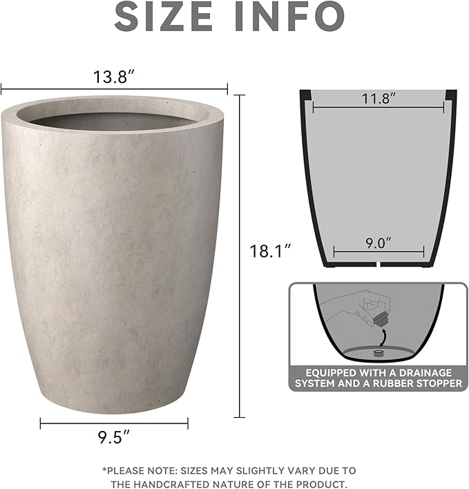Kante 18.1" H Tall Round Concrete Planter for Outdoor Indoor, Modern Decorative Plant Pots with Drainage Hole & Rubber Plug for Home & Garden Weathered Concrete