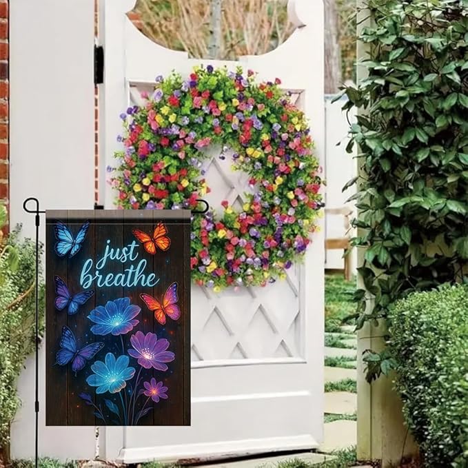 Just Breathe Garden Flag 12x18 Inch Double Sided Outdoor Yard Banner Blue and Orange Butterflies with Glowing Flowers Inspirational Quote Decor for Spring Summer Garden Decoration