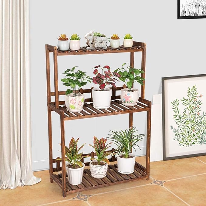 Ufine 3 Tier Wood Plant Stand Vertical Plant Dislay Shelf Indoor Ourdoor Plant Rack, Balcony Living Room, Kitchen, Porch Organizer Plants Holder