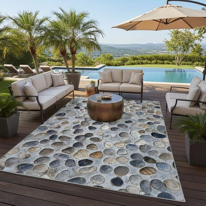 Modern Mixd Color Pebbles Outdoor Rugs for Patios Deck Backyard Porch Balcony Garden Camping Poolside Carpet Comfort Non Slip Thin Waterproof Durable Reversible Quick Dry Low Pile Floor Mat 3x5