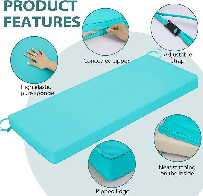 Outdoor Bench Cushions 48 x 16 x 3 Inch with Ties, Thick Waterproof Porch Swing Cushions for Patio Furniture Chair Pad, Seat Sofa Garden Replacement Cushion Sponge Filling
