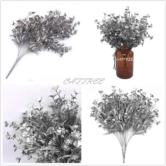 Artificial Plants for Christmas, CATTREE Plastic Grass Faux Shrubs Fake Leaves Simulation Flowers Bushes Home Indoor Outdoor Garden Wedding Festival Decoration Hall Table Planter Filler – Silver 2 Pcs
