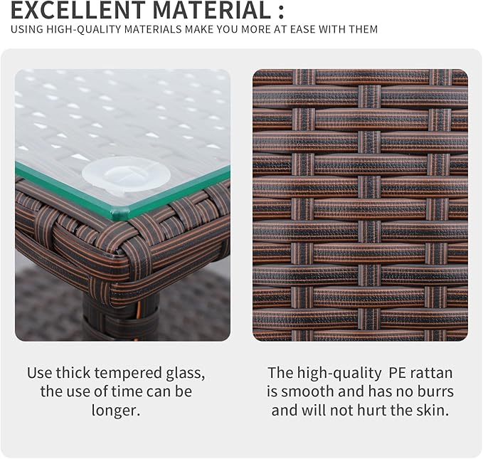 Valita Outdoor Wicker Glass Top Side Table - Garden Metal Square Tea Table with Storage, Brown