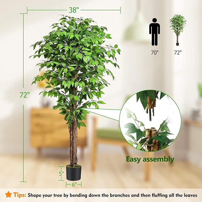 6.2ft Ficus Artificial Trees with 3 Natural Curved Trunks, 74" Tall Lush Faux Tree for Home Decor Indoor, Green Lifelike Fake Ficus Tree Plants (Set of 2)