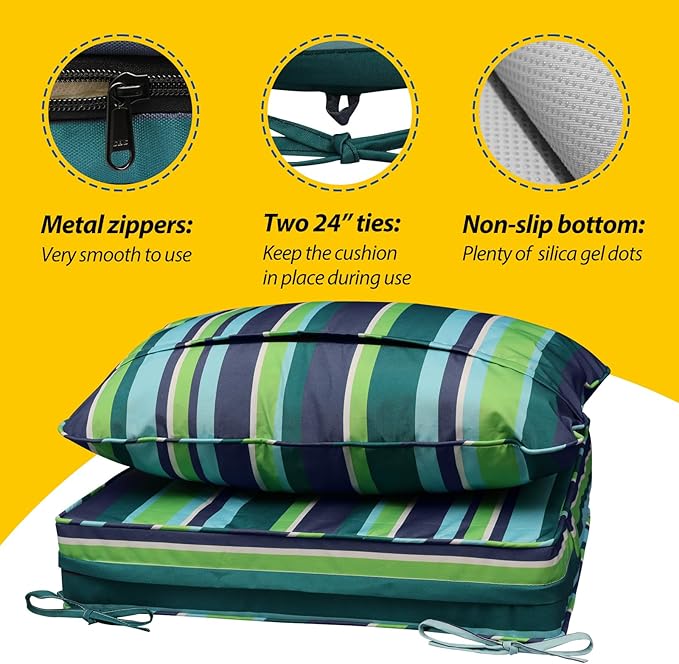 AAAAAcessories Outdoor Seat Cushions for Chairs, Fade-Resistant, Waterproof Patio Furniture Replacement Cushions, 25.5" x 25.5" x 5" + 25.5" x 19", Stormy Teal Coastal Stripe