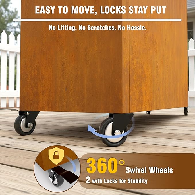 36" L x 9.3" W x 28.4" H Corten Steel Planter Box with Wheels & Removable Shelf – Rolling Raised Garden Bed with Rust Patina, Smart Drainage System, Outdoor Planter for Patio & Modern Décor