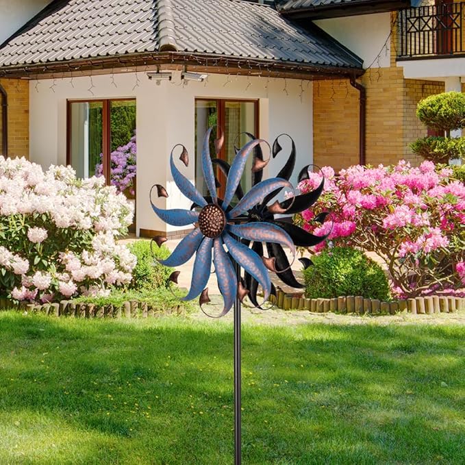 VEWOGARDEN Wind Spinners Outdoor, Metal Kinetic Wind Spinner with Flower Design for Yard Garden Lawn Decorations, Dark Blue