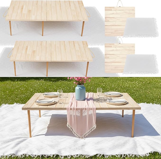 2 Set Low Picnic Table, Foldable Boho Picnic Table with Extra Large Outdoor Camping Blanket Portable Boho Wood BBQ Tables for Camping Wedding Beach BBQ Party (for 4 Person,Wood Color)