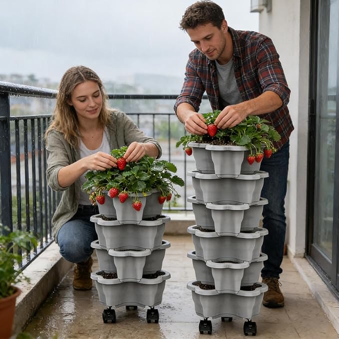 Vertical Planter 6 Tier Stackable Planter Garden Pots, Strawberry Vertical Pots, Stacking Tower Garden, Stackable Herb Flower Vegetable FlowerPots Indoor Outdoor with Removable Wheels