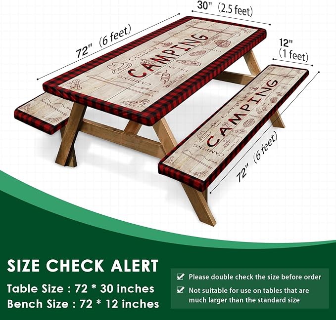 Picnic Table Cover with Bench Covers Elastic Edges, Red Plaid Fitted Table Cover, Outdoor Patio Camping Essentials 72 Inch 3PCS, Waterproof Camping Fitted Tablecloth with Drawstring Bag