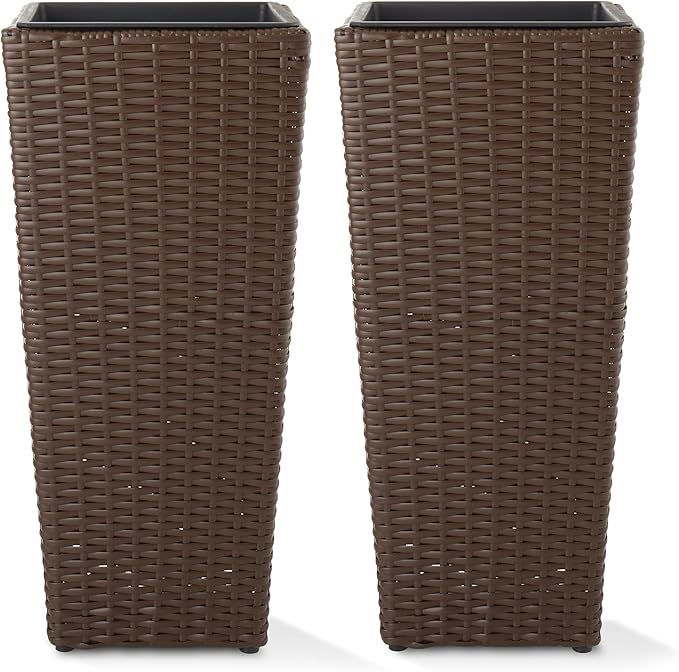 Casafield Set of 2 All-Weather Outdoor Planters with Liners, Tall Tapered Plant Boxes with Flower Pots for Front Porch, Patio, Garden - Espresso