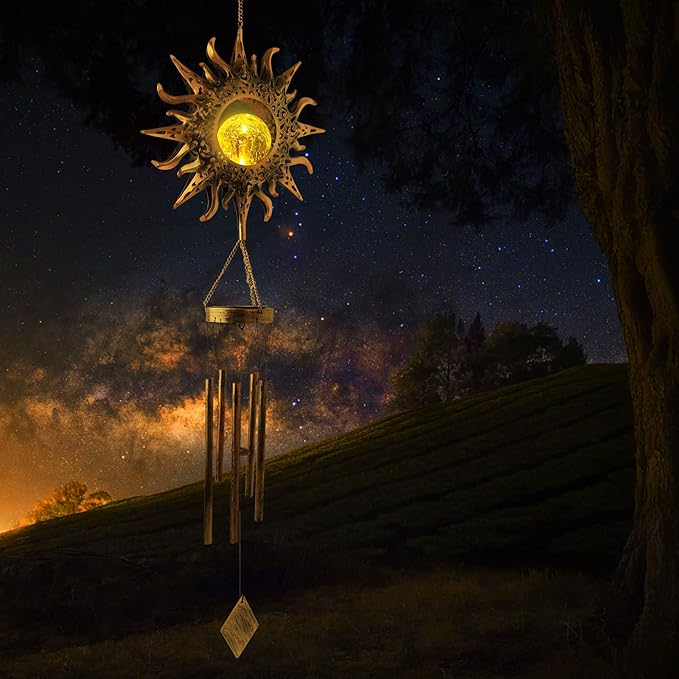 Sun Wind Chimes Solar Retro Windchimes Sympathy Gift, Gentle Chimes, Waterproof Wind-Chimes Outdoor, Outdoor Hanging Decor with Soft Sun Glow, Gifts for Grandma, Mom-Gifts, Memorial WindChimes.