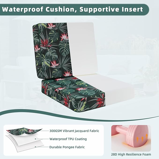 Favoyard Deep Seat Patio Cushion 22 x 22 x 3 in Waterproof Seat & Back Cushion Set with Color Fade Resisitant Pattern, Portable Handle, Attach Straps, Zipper on Removable Cover for Outdoor Furniture