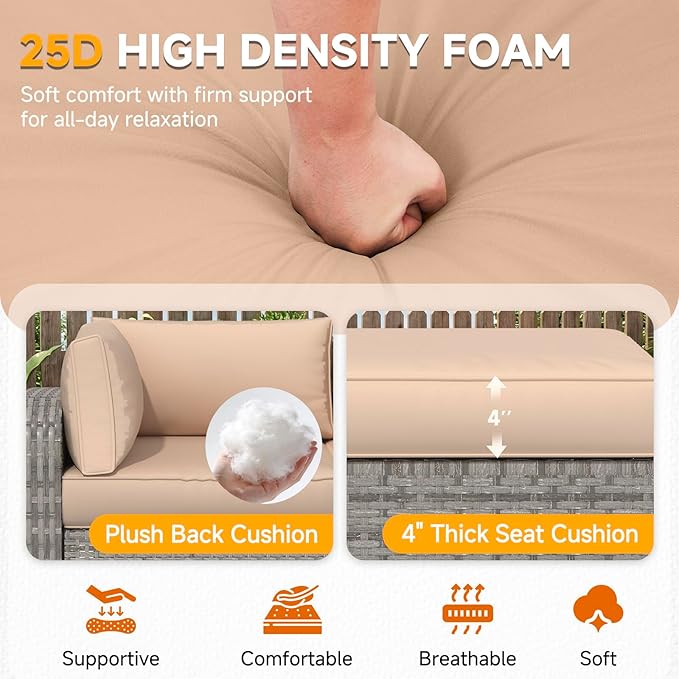 HOMREST Outdoor Replacement Cushions for Patio Furniture,Water-Repellent Sofa Cushion for 4-Seat Rattan Wicker Sectional Patio Conversation Sets,9-Piece Cushions Set for Outdoor Couch,Khaki