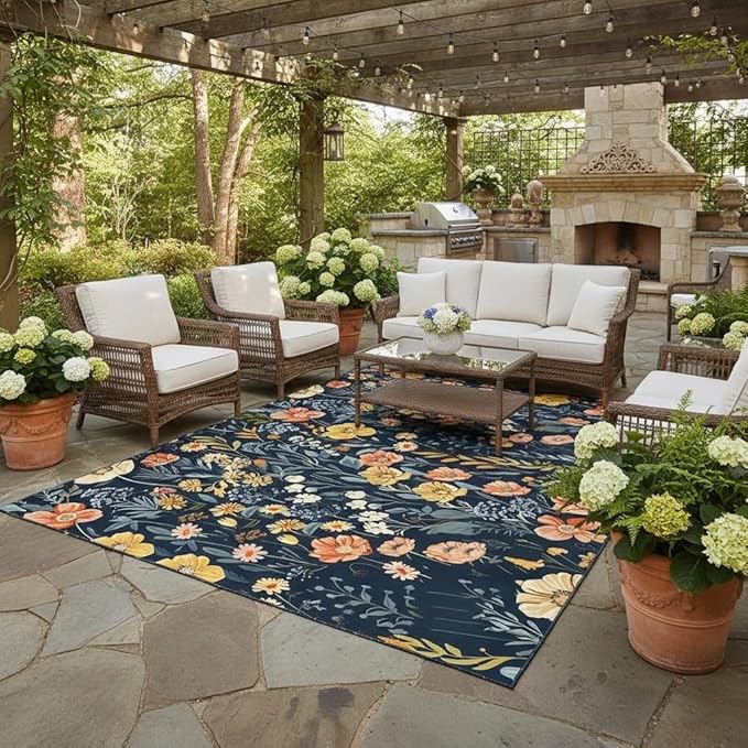 Vintage Country Rustic Floral Outdoor Rug for Patio Balcony Deck Porch Camping Machine Washable Waterproof Garden Backyard Outside Carpet 7x9 Boho Blue Pink Yellow Flower Area Rugs Easy Clean Mat