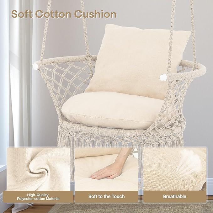 Athena Collection Hammock Swing Chair with Cushion, Outdoor Macrame Chair with Mounting Hardware, Max 350 Lbs, Large Cotton Rope Hanging Chair for Outdoor Indoor Porch Garden, Beige