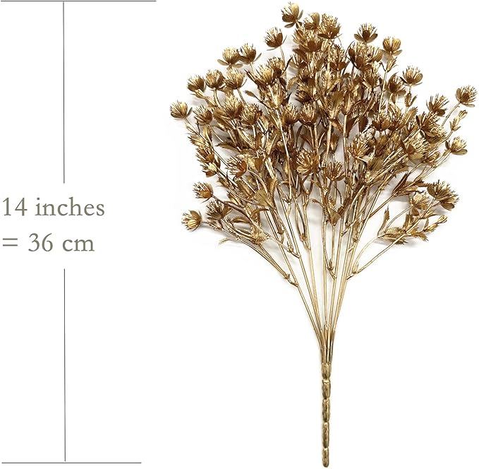 Artificial Golden Plants, Fake Baby Breath Flower Faux Gypsophila Shrubs Plastic Plant for Christmas Decor Wedding Party Indoor Home Hotel Hall Table Arrangements DIY Decoration - Gold Flowers 2 Pack