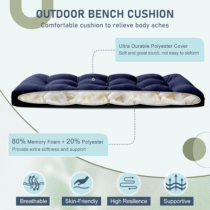downluxe Outdoor Bench Cushion for Patio Furniture, Waterproof Tufted Overstuffed Porch Swing Cushions, Thick Outdoor Loveseat Cushions, 48" X 18" X 5", Navy, Set of 1