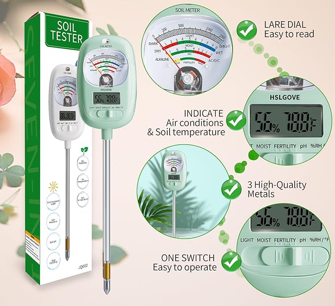 HSLGOVE Soil Test Kit, 7-in-One Soil Moisture Meter/Soil PH Meter/Fertility, Dual Screen Soil Tester w/Digital Soil Temp/Air Temp&Humidity for Plants Gardening,Lawn,Farm Indoor&Outdoor-Blue Green