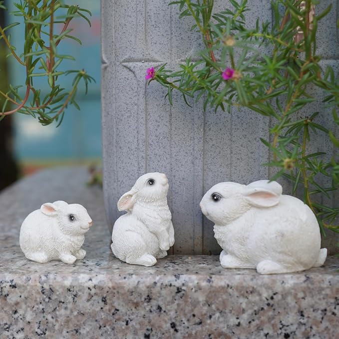 3PCS Bunny Statues Garden Decorations Set, Outdoor Small Light Weight Baby Rabbit Garden Statues for Outside Patio, Porch, or Flower Pots
