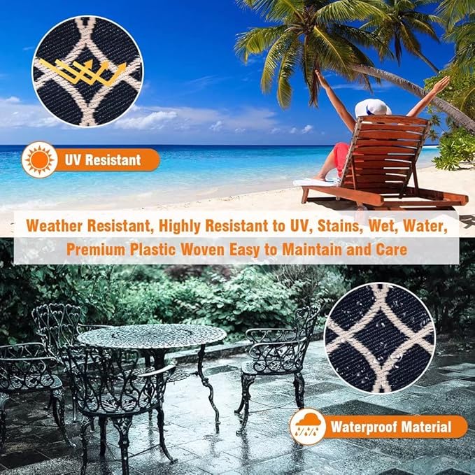 Pendolr Reversible Mats - Outdoor Rugs 9'x12' for Patios Clearance, Plastic Straw Rugs Waterproof, Portable, Outdoor RV Camping Rug, Garden, Balcony, Picnic, Beach, Camping(Black & Beige)