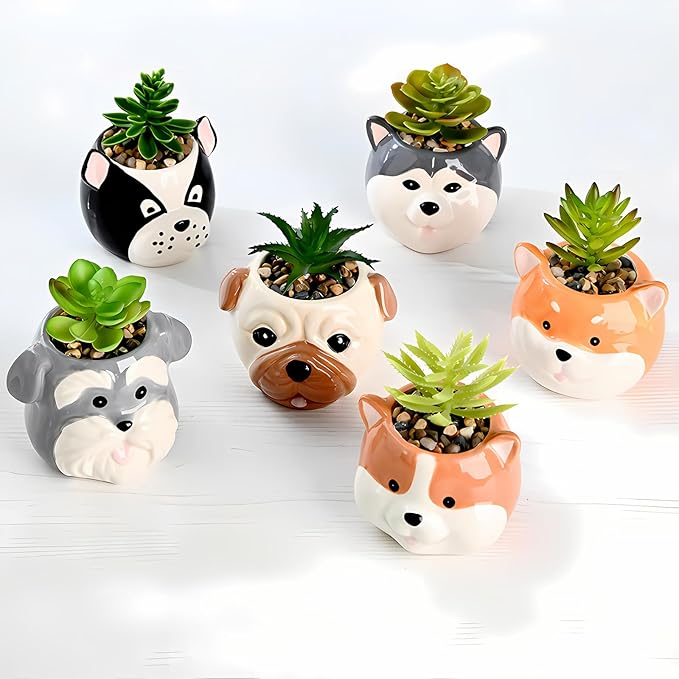Dog Planter Pots - 6 Pack Ceramic Succulent Pots with Drainage and Saucers, Cute Flower Pots for Indoor Plants, Small Plant Pots Dog Vase for Succulent, Cactus, Garden, Home Decor, Gift Set