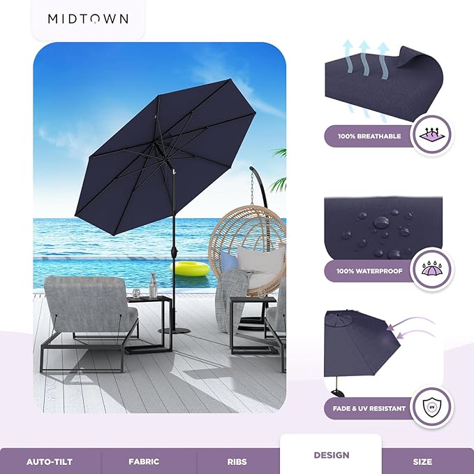 Midtown Umbrellas - 10-Year-No-Fade 9 Ft Patio Umbrella with Terylast Fabric, Auto-Tilt Aluminum Frame and 8 Reinforced Ribs for Deck, Pool, Garden & Beach - Navy Blue Canopy, Black Pole