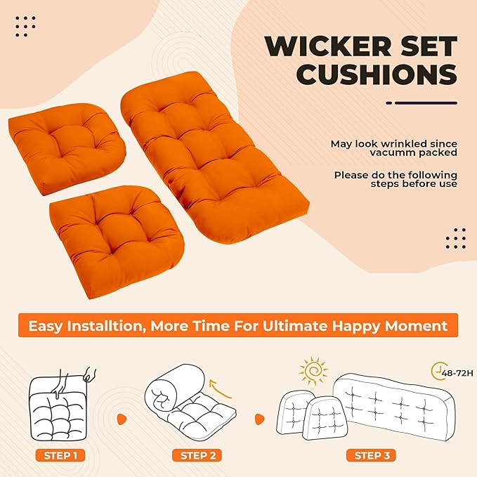 Wicker Chair Cushions, Waterproof Outdoor Loveseat Cushions for Patio Furniture, 3 Pieces Wicker Furniture Cushions, 1 Loveseat and 2 U-Shaped Cushions, Orange