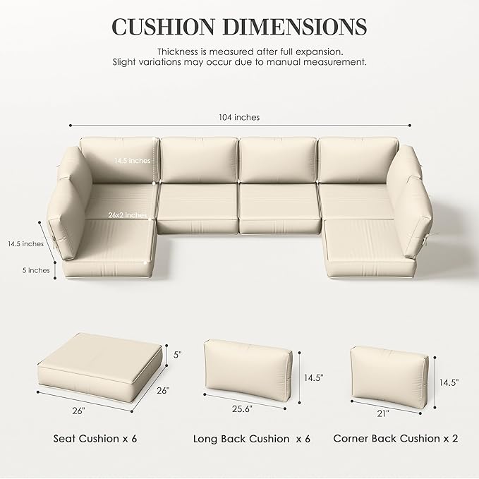 Outdoor Replacement Cushions for Patio Furniture, 5" Foam High-Density, 14-Piece Water-Resistant Outdoor Cushion for 6-Seat Sectional Patio Conversation Sets, Liner&Cover