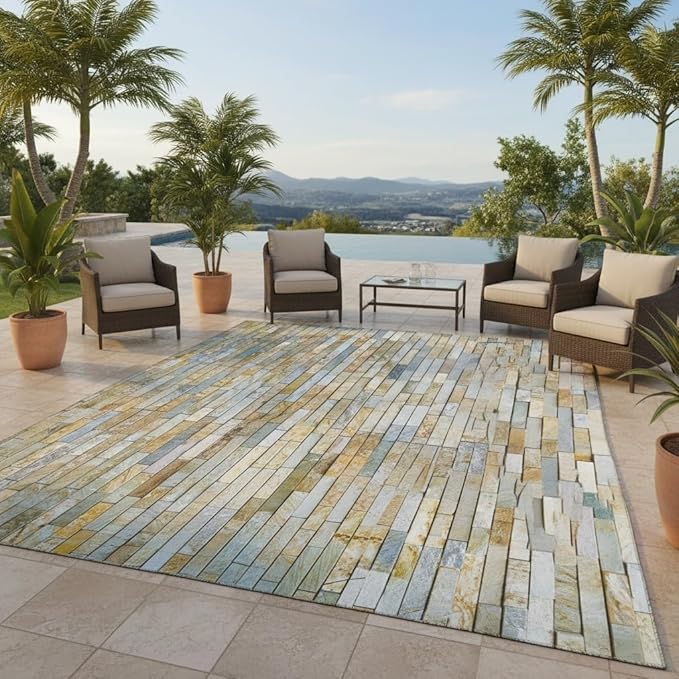 Waterproof Stone Brick Wall Texture Outdoor Rugs for Garden Backyard Patio Balcony Deck Non Slip Easy Clean Outside Carpet Low Pile Washable Stain Resistant Porch Hallway Farmhouse Floor Mat 6x9