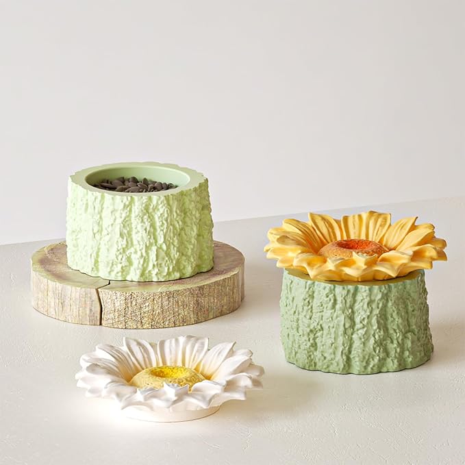 Tree Stump Planter Jar Silicone Mold with Sunflower Lid for DIY Candle Holder, Epoxy Resin Storage Container, Cement Plaster Craft - Flower Pot, Candy Dish, Fairy Garden Decor